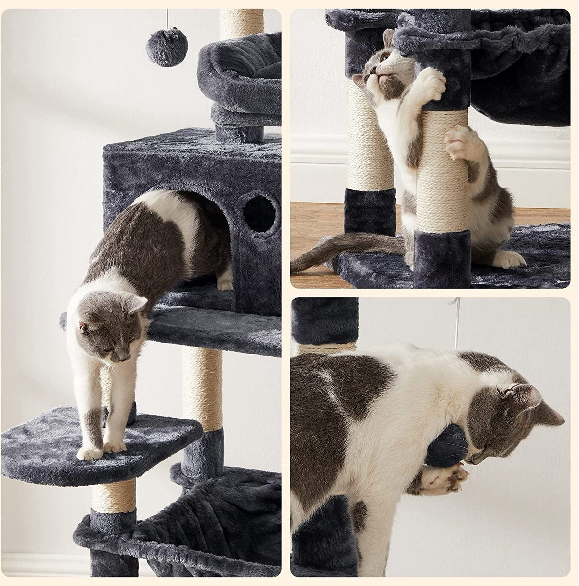 Krabpaal - 143 cm - Klimpaal voor Katten - Kattenboom - Hangmat en Grot - Met 2 gezellige uitkijkplateaus - Grijs - QDU15HZA