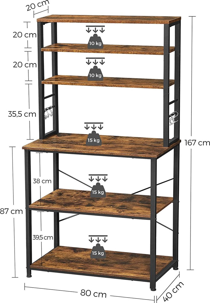 keukenplank, staande plank met metalen mand - Keukenrek - Staand Rek met Haken en Planken - LLT019C01