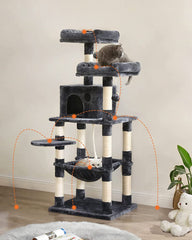 Krabpaal - 143 cm - Klimpaal voor Katten - Kattenboom - Hangmat en Grot - Met 2 gezellige uitkijkplateaus - Grijs - QDU15HZA